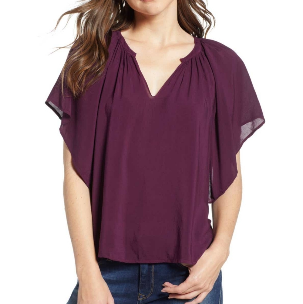 VELVET by GRAHAM & SPENCER Challis Flutter Sleeve Blouse in Wine